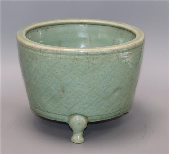 A Chinese Longquan celadon tripod censer, Ming dynasty, repaired height 19cm